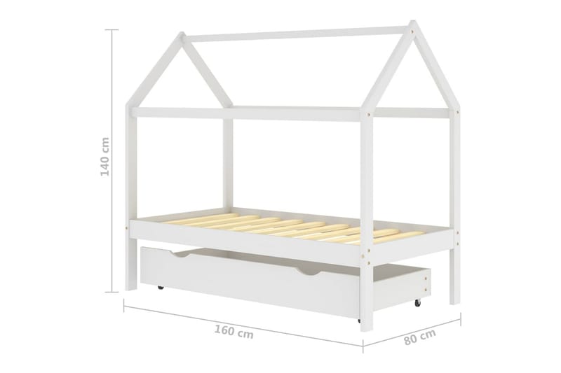 Ramme for barneseng hus med skuff heltre furu hvit 80x160 cm - Hvit - Møbler - Barnemøbler - Barneseng & Juniorseng - Husseng
