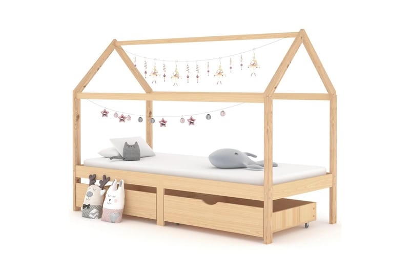 Sengeramme hus for barn med skuffer heltre furu 90x200 cm - Brun - Møbler - Barnemøbler - Barneseng & Juniorseng - Husseng