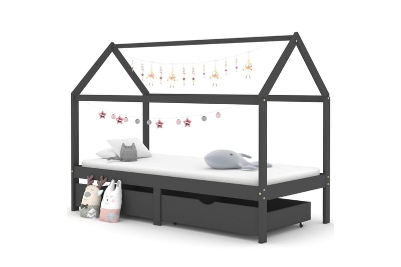 Sengeramme hus for barn med skuffer heltre furu 90x200 cm - Grå - Møbler - Barnemøbler - Barneseng & Juniorseng - Husseng