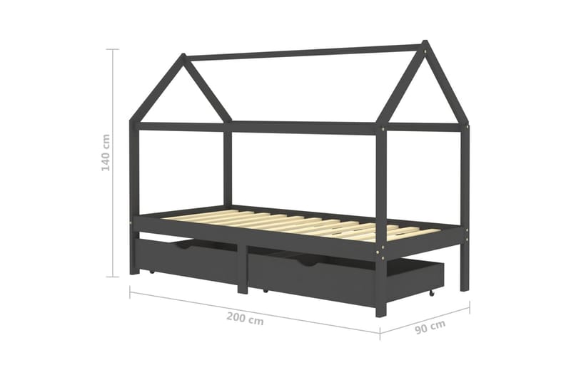 Sengeramme hus for barn med skuffer heltre furu 90x200 cm - Grå - Møbler - Barnemøbler - Barneseng & Juniorseng - Husseng