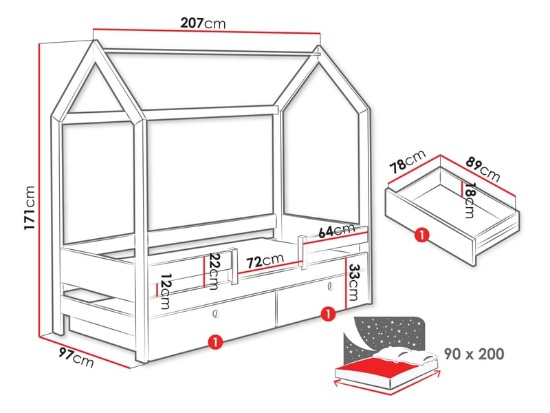 Kagetaka sengeramme husseng 90x200 cm med oppbevaring - Brun - Møbler - Barnemøbler - Barneseng & Juniorseng - Husseng