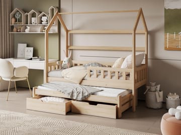 Majbelle sengeramme husseng 90x200 cm med oppbevaring og ekstra liggeplass - brun - Møbler - Barnemøbler - Barneseng & Juniorseng - Husseng