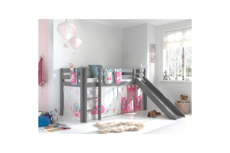 Middelseng med gardin Pino Princess Grå, Grå, Med sklie, Uten tunnel, 3 - Grå, Grå, Med sklie, Uten tunnel, 3 - Møbler - Barnemøbler - Barneseng & Juniorseng - Loftseng barn