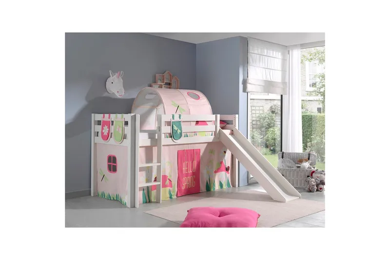 Middelseng med gardin Pino Spring Hvit, Hvit, Med sklie, Fjær, Vår, 3 - Hvit, Hvit, Med sklie, Fjær, Vår, 3 - Møbler - Barnemøbler - Barneseng & Juniorseng - Loftseng barn