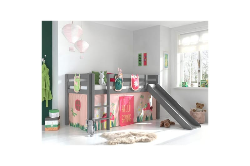 Middelseng med gardin Pino Spring Grå, Grå, Med sklie, Uten tunnel, 3 - Grå, Grå, Med sklie, Uten tunnel, 3 - Møbler - Barnemøbler - Barneseng & Juniorseng - Loftseng barn