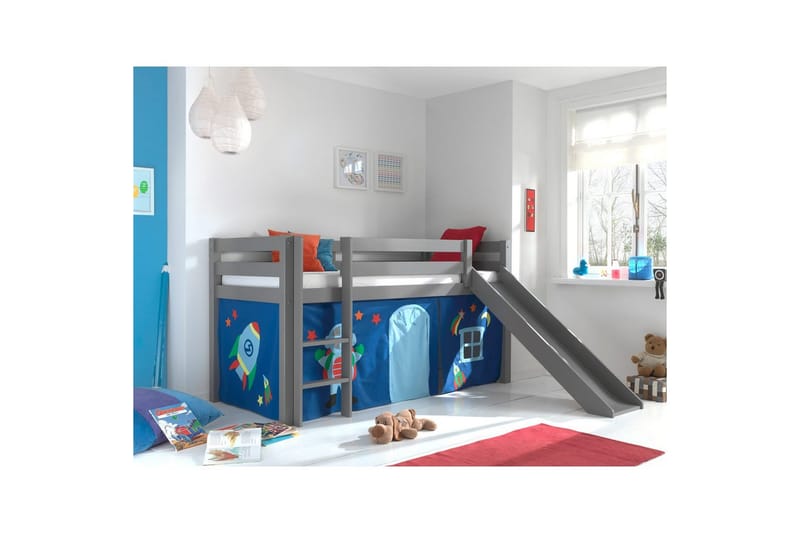 Middelseng med gardin Pino Astro Grå, Grå, Med sklie, Uten tunnel, Ingen lommer - Grå, Grå, Med sklie, Uten tunnel, Ingen lommer - Møbler - Barnemøbler - Barneseng & Juniorseng - Loftseng barn