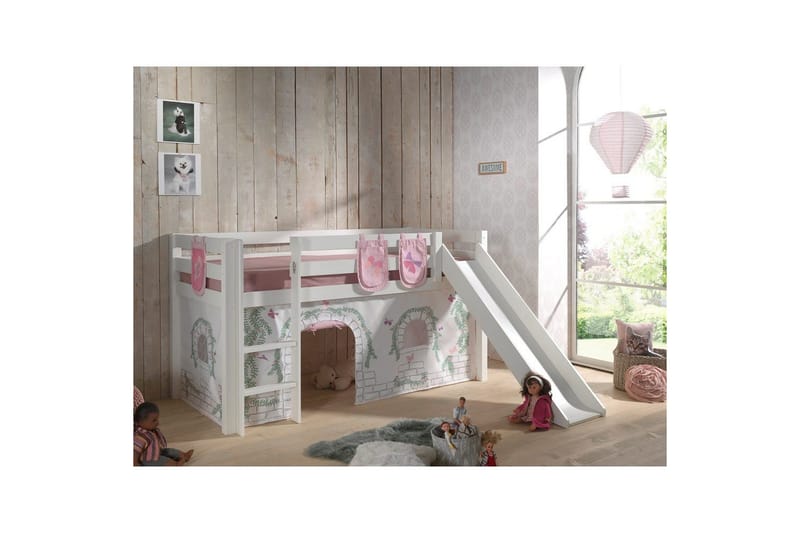 Middelseng med gardin Pino Birdy Hvit, Hvit, Med sklie, Uten tunnel, 3 - Hvit, Hvit, Med sklie, Uten tunnel, 3 - Møbler - Barnemøbler - Barneseng & Juniorseng - Loftseng barn