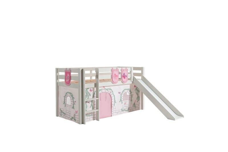 Middelseng med gardin Pino Birdy Hvit, Hvit, Med sklie, Uten tunnel, 3 - Hvit, Hvit, Med sklie, Uten tunnel, 3 - Møbler - Barnemøbler - Barneseng & Juniorseng - Loftseng barn