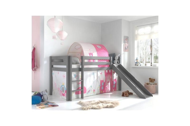Middelseng med gardin Pino Princess Grå, Grå, Med sklie, Prinsesse, Ingen lommer - Grå, Grå, Med sklie, Prinsesse, Ingen lommer - Møbler - Barnemøbler - Barneseng & Juniorseng - Loftseng barn
