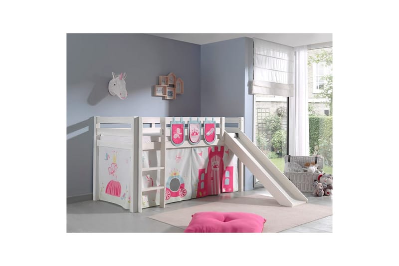 Middelseng med gardin Pino Princess Hvit, Hvit, Med sklie, Uten tunnel, 3 - Hvit, Hvit, Med sklie, Uten tunnel, 3 - Møbler - Barnemøbler - Barneseng & Juniorseng - Loftseng barn
