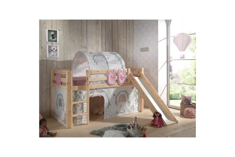 Middelseng med gardin Pino Birdy Naturlig, Naturlig, Med sklie, Birdy, 3 - Naturlig, Naturlig, Med sklie, Birdy, 3 - Møbler - Barnemøbler - Barneseng & Juniorseng - Loftseng barn