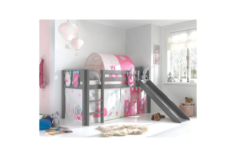 Middelseng med gardin Pino Princess Grå, Grå, Med sklie, Prinsesse, 3 - Grå, Grå, Med sklie, Prinsesse, 3 - Møbler - Barnemøbler - Barneseng & Juniorseng - Loftseng barn