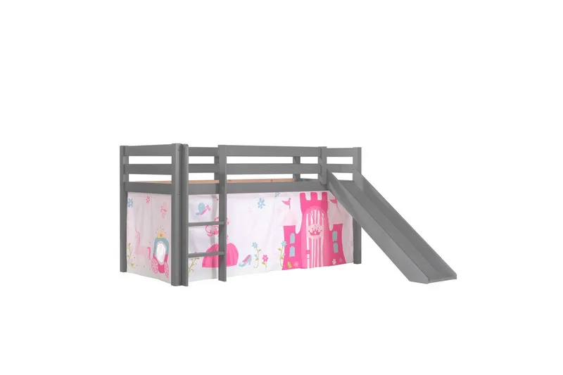 Middelseng med gardin Pino Princess Grå, Grå, Med sklie, Uten tunnel, Ingen lommer - Grå, Grå, Med sklie, Uten tunnel, Ingen lommer - Møbler - Barnemøbler - Barneseng & Juniorseng - Loftseng barn