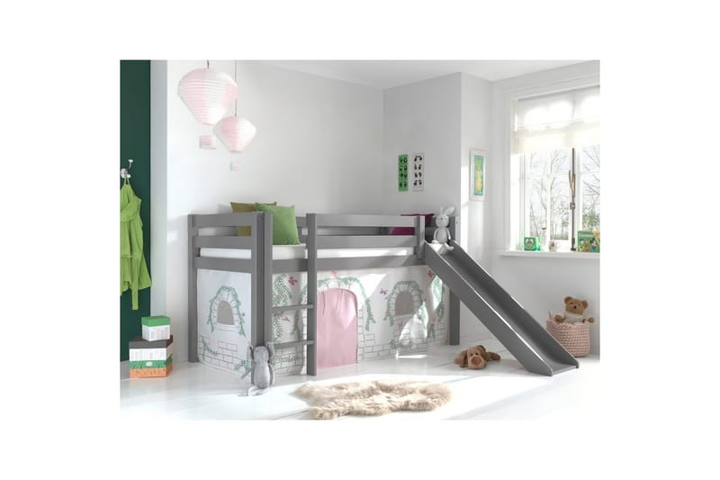 Middelseng med gardin Pino Birdy Grå, Grå, Med sklie, Uten tunnel, Ingen lommer - Grå, Grå, Med sklie, Uten tunnel, Ingen lommer - Møbler - Barnemøbler - Barneseng & Juniorseng - Loftseng barn