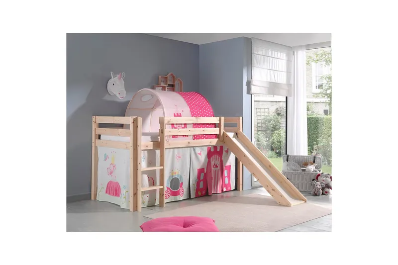 Middelseng med gardin Pino Princess Naturlig, Naturlig, Med sklie, Prinsesse, Ingen lommer - Naturlig, Naturlig, Med sklie, Prinsesse, Ingen lommer - Møbler - Barnemøbler - Barneseng & Juniorseng - Loftseng barn