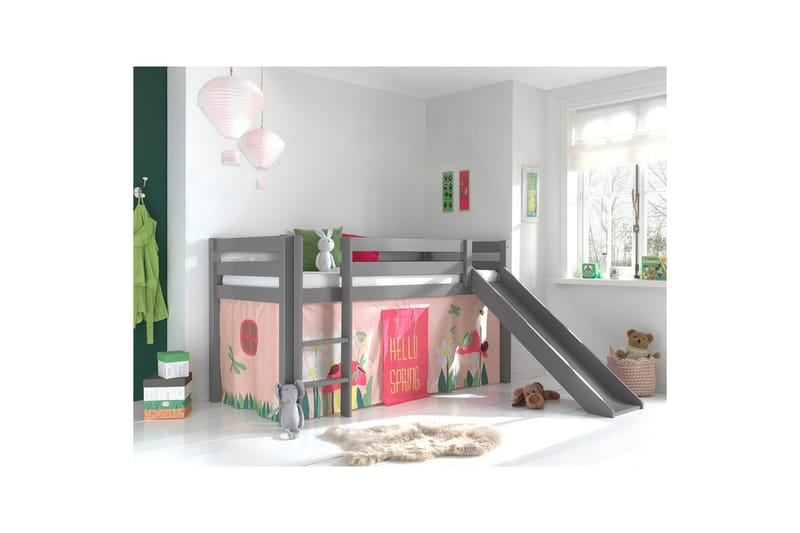Middelseng med gardin Pino Spring Grå, Grå, Med sklie, Uten tunnel, Uten lommer - Grå, Grå, Med sklie, Uten tunnel, Uten lommer - Møbler - Barnemøbler - Barneseng & Juniorseng - Loftseng barn