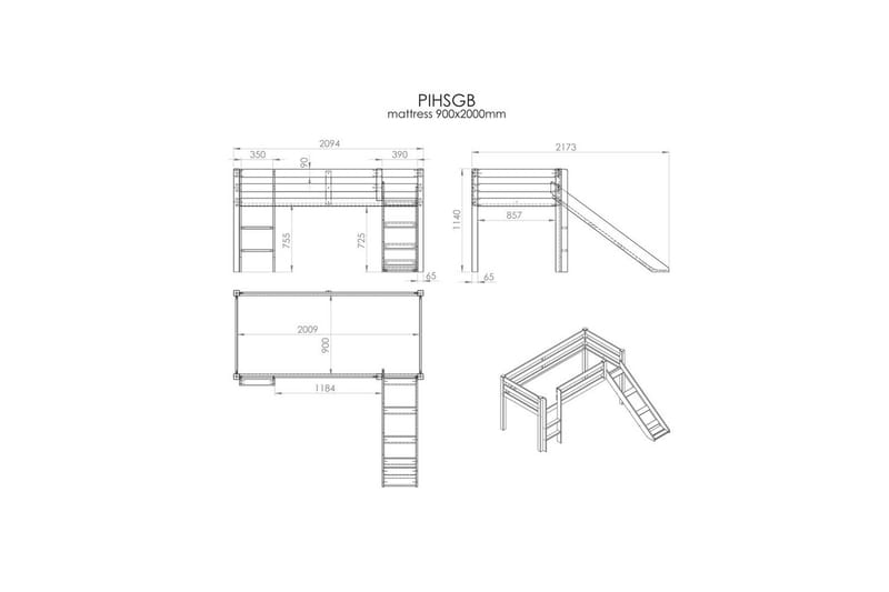 Middelseng med gardin Pino Astro Hvit, Hvit, Med sklie, Uten tunnel, 3 - Hvit, Hvit, Med sklie, Uten tunnel, 3 - Møbler - Barnemøbler - Barneseng & Juniorseng - Loftseng barn
