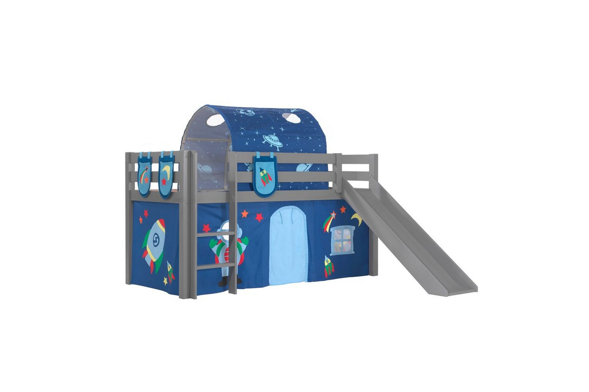Middelseng med gardin Pino Astro Grå, Grå, Med sklie, Med tunnel, 3 - Grå, Grå, Med sklie, Med tunnel, 3