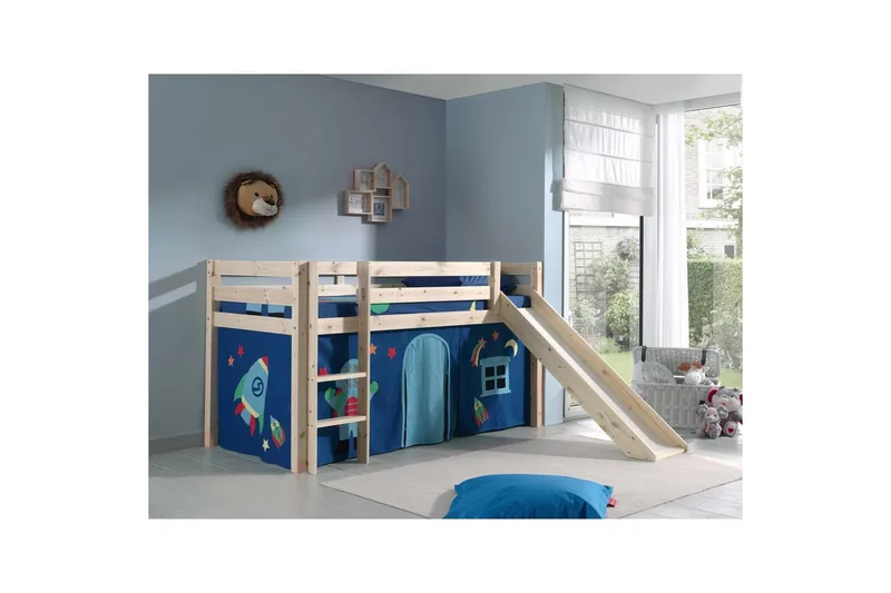 Middelseng med gardin Pino Astro Naturlig, Naturlig, Med sklie, Uten tunnel, Ingen lommer - Naturlig, Naturlig, Med sklie, Uten tunnel, Ingen lommer - Møbler - Barnemøbler - Barneseng & Juniorseng - Loftseng barn