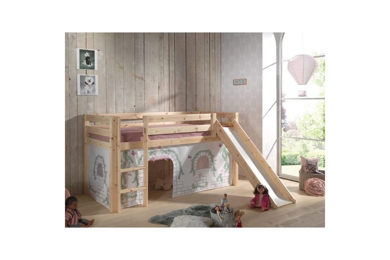 Middelseng med gardin Pino Birdy Naturlig, Naturlig, Med sklie, Med sklie, Ingen lommer - Naturlig, Naturlig, Med sklie, Med sklie, Ingen lommer - Møbler - Barnemøbler - Barneseng & Juniorseng - Loftseng barn