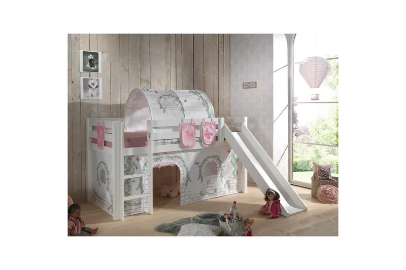 Middelseng med gardin Pino Birdy Hvit, Hvit, Med sklie, Birdy, 3 - Hvit, Hvit, Med sklie, Birdy, 3 - Møbler - Barnemøbler - Barneseng & Juniorseng - Loftseng barn