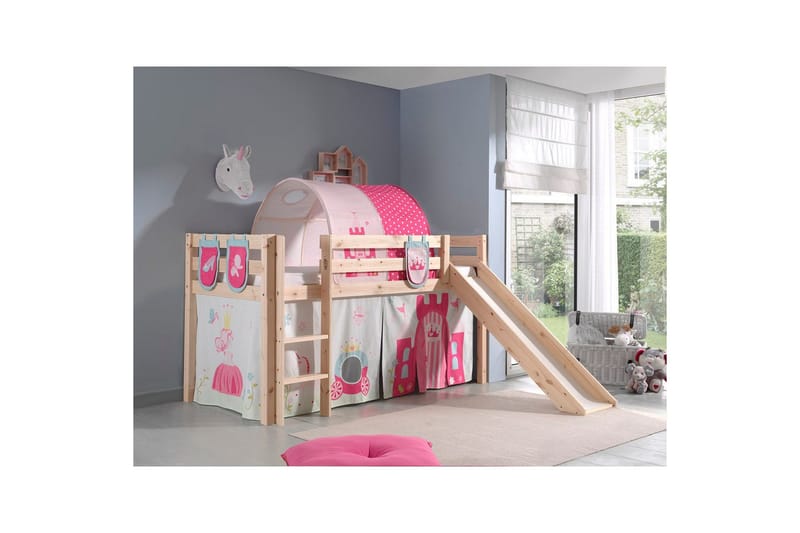 Middelseng med gardin Pino Princess Naturlig, Naturlig, Med sklie, Prinsesse, 3 - Naturlig, Naturlig, Med sklie, Prinsesse, 3 - Møbler - Barnemøbler - Barneseng & Juniorseng - Loftseng barn