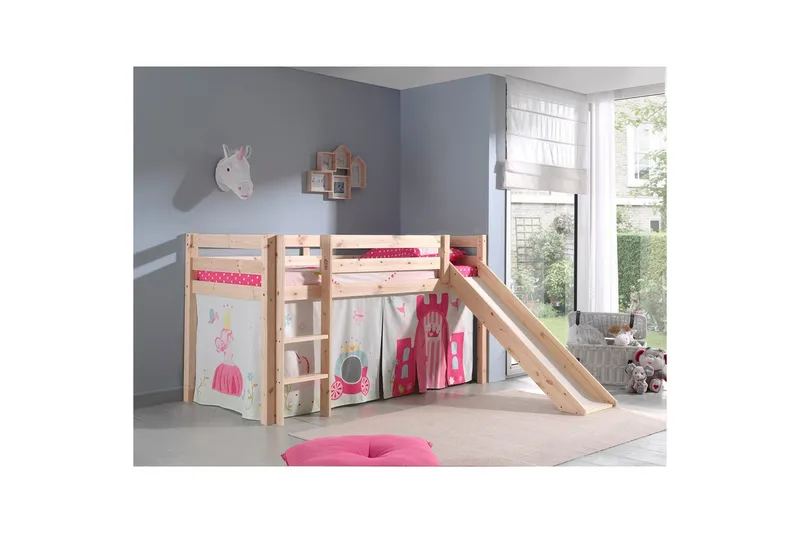 Middelseng med gardin Pino Princess Naturlig, Naturlig, Med sklie, Ingen tunnel, Ingen lommer - Naturlig, Naturlig, Med sklie, Ingen tunnel, Ingen lommer - Møbler - Barnemøbler - Barneseng & Juniorseng - Loftseng barn