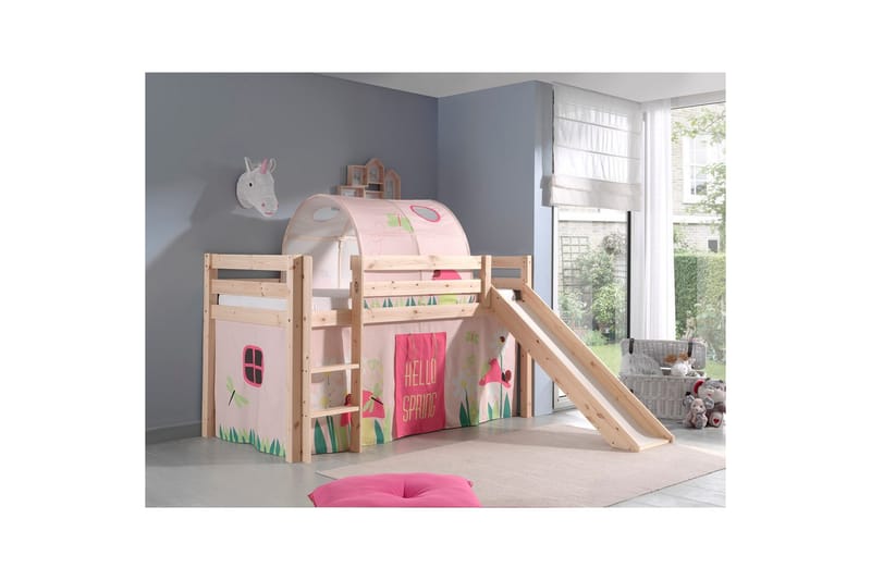 Middelseng med gardin Pino Spring Naturlig, Naturlig, Med sklie, Vår, Fjær, Uten lommer - Naturlig, Naturlig, Med sklie, Vår, Fjær, Uten lommer - Møbler - Barnemøbler - Barneseng & Juniorseng - Loftseng barn