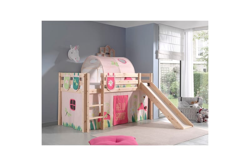 Middelseng med gardin Pino Spring Naturlig, Naturlig, Med sklie, Vår, Fjær, 3 - Naturlig, Naturlig, Med sklie, Vår, Fjær, 3 - Møbler - Barnemøbler - Barneseng & Juniorseng - Loftseng barn