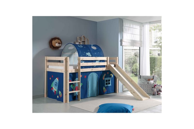 Middelseng med gardin Pino Astro Naturlig, Naturlig, Med sklie, Med tunnel, Ingen lommer - Naturlig, Naturlig, Med sklie, Med tunnel, Ingen lommer - Møbler - Barnemøbler - Barneseng & Juniorseng - Loftseng barn