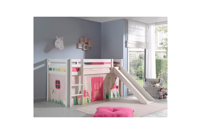 Middelseng med gardin Pino Spring Hvit, Hvit, Med sklie, Uten tunnel, Uten lommer - Hvit, Hvit, Med sklie, Uten tunnel, Uten lommer - Møbler - Barnemøbler - Barneseng & Juniorseng - Loftseng barn