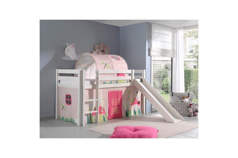 Middelseng med gardin Pino Spring Hvit, Hvit, Med sklie, Vår, Fjær, Uten lommer - Hvit, Hvit, Med sklie, Vår, Fjær, Uten lommer - Møbler - Barnemøbler - Barneseng & Juniorseng - Loftseng barn