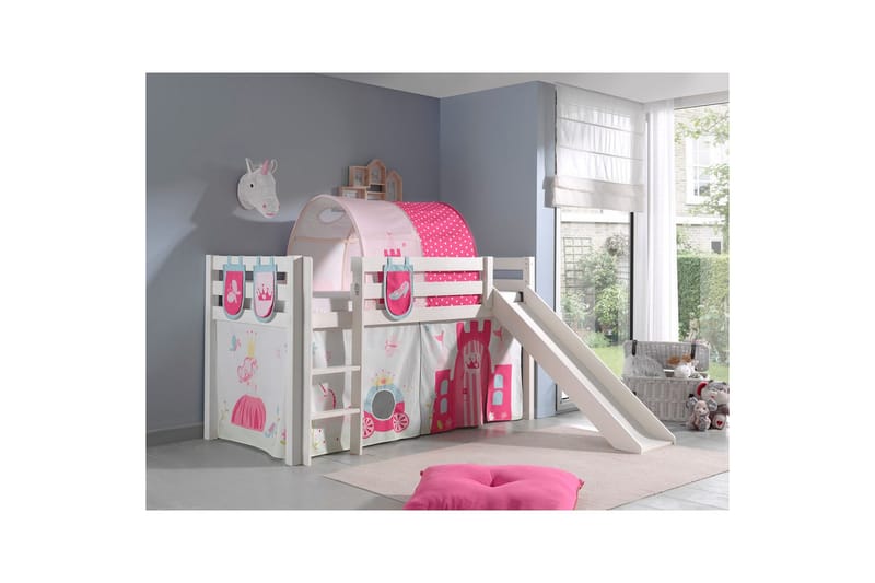 Middelseng med gardin Pino Princess Hvit, Hvit, Med sklie, Prinsesse, 3 - Hvit, Hvit, Med sklie, Prinsesse, 3 - Møbler - Barnemøbler - Barneseng & Juniorseng - Loftseng barn