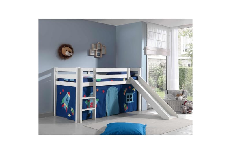 Middelseng med gardin Pino Astro Hvit, Hvit, Med sklie, Uten tunnel, Ingen lommer - Hvit, Hvit, Med sklie, Uten tunnel, Ingen lommer - Møbler - Barnemøbler - Barneseng & Juniorseng - Loftseng barn