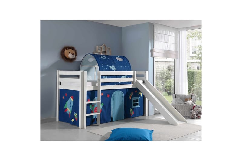 Middelseng med gardin Pino Astro Hvit, Hvit, Med sklie, Med tunnel, Ingen lommer - Hvit, Hvit, Med sklie, Med tunnel, Ingen lommer - Møbler - Barnemøbler - Barneseng & Juniorseng - Loftseng barn