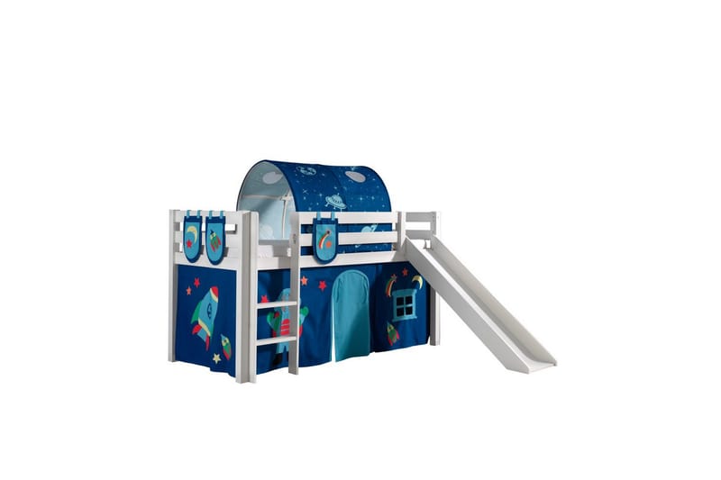 Middelseng med gardin Pino Astro Hvit, Hvit, Med sklie, Med tunnel, 3 - Hvit, Hvit, Med sklie, Med tunnel, 3 - Møbler - Barnemøbler - Barneseng & Juniorseng - Køyeseng barn