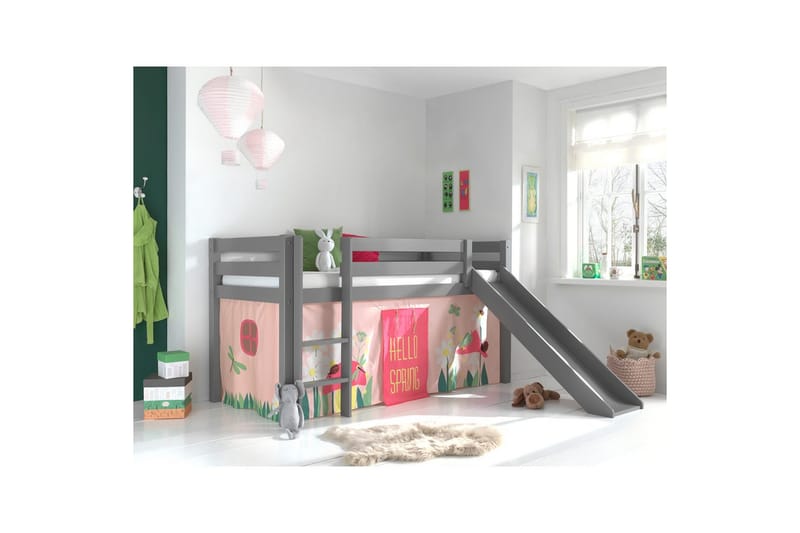 Middelseng med gardin Pino Spring Grå, Grå, Med sklie, Uten tunnel, Uten lommer - Grå, Grå, Med sklie, Uten tunnel, Uten lommer - Møbler - Barnemøbler - Barneseng & Juniorseng - Køyeseng barn