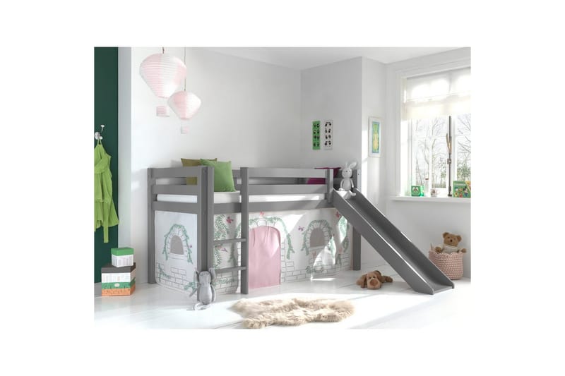 Middelseng med gardin Pino Birdy Grå, Grå, Med sklie, Uten tunnel, Ingen lommer - Grå, Grå, Med sklie, Uten tunnel, Ingen lommer - Møbler - Barnemøbler - Barneseng & Juniorseng - Køyeseng barn