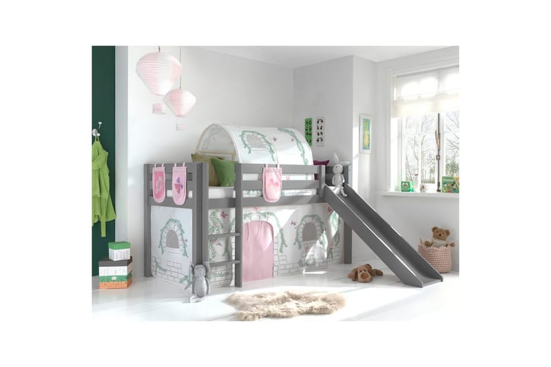 Middelseng med gardin Pino Birdy Grå, Grå, Med sklie, Birdy, 3 - Grå, Grå, Med sklie, Birdy, 3 - Møbler - Barnemøbler - Barneseng & Juniorseng - Køyeseng barn
