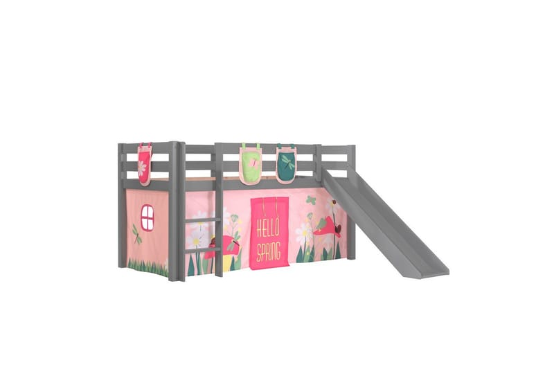 Middelseng med gardin Pino Spring Grå, Grå, Med sklie, Uten tunnel, 3 - Grå, Grå, Med sklie, Uten tunnel, 3 - Møbler - Barnemøbler - Barneseng & Juniorseng - Loftseng barn