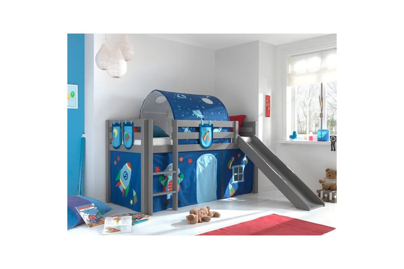 Middelseng med gardin Pino Astro Grå, Grå, Med sklie, Med tunnel, 3 - Grå, Grå, Med sklie, Med tunnel, 3 - Møbler - Barnemøbler - Barneseng & Juniorseng - Loftseng barn
