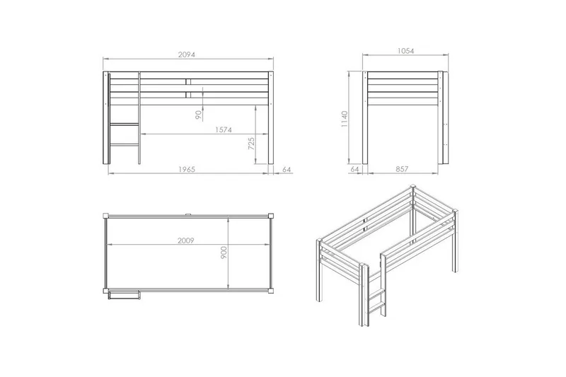 Middelseng med gardin Pino Spring Hvit, Hvit, Uten sklie, Uten tunnel, Uten lommer - Hvit, Hvit, Uten sklie, Uten tunnel, Uten lommer - Møbler - Barnemøbler - Barneseng & Juniorseng - Loftseng barn