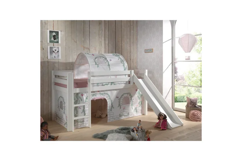 Middelseng med gardin Pino Birdy Hvit, Hvit, Med sklie, Birdy, Ingen lommer - Hvit, Hvit, Med sklie, Birdy, Ingen lommer - Møbler - Barnemøbler - Barneseng & Juniorseng - Loftseng barn