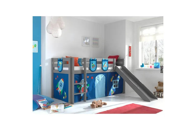 Middelseng med gardin Pino Astro Grå, Grå, Med sklie, Uten tunnel, 3 - Grå, Grå, Med sklie, Uten tunnel, 3 - Møbler - Barnemøbler - Barneseng & Juniorseng - Loftseng barn