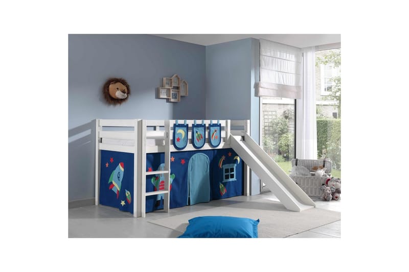 Middelseng med gardin Pino Astro Hvit, Hvit, Med sklie, Uten tunnel, 3 - Hvit, Hvit, Med sklie, Uten tunnel, 3 - Møbler - Barnemøbler - Barneseng & Juniorseng - Loftseng barn