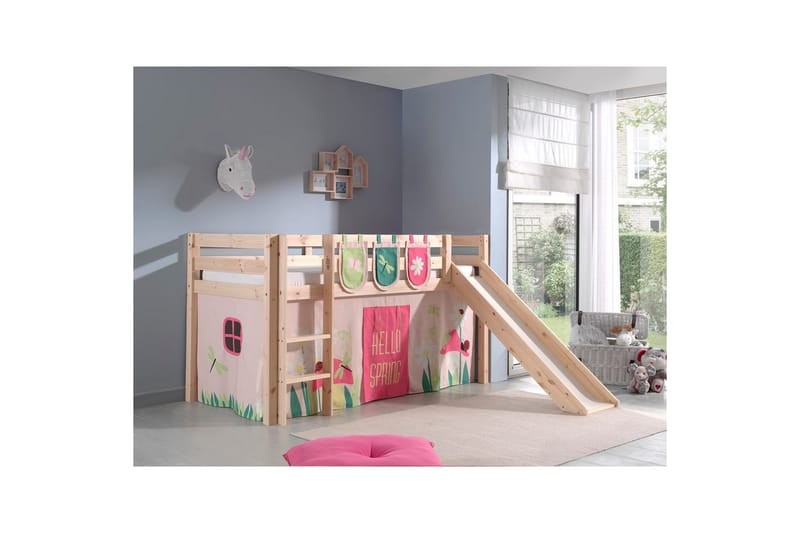 Middelseng med gardin Pino Spring Naturlig, Naturlig, Med sklie, Uten tunnel, 3 - Naturlig, Naturlig, Med sklie, Uten tunnel, 3 - Møbler - Barnemøbler - Barneseng & Juniorseng - Loftseng barn