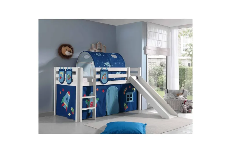 Middelseng med gardin Pino Astro Hvit, Hvit, Med sklie, Med tunnel, 3 - Hvit, Hvit, Med sklie, Med tunnel, 3 - Møbler - Barnemøbler - Barneseng & Juniorseng - Loftseng barn