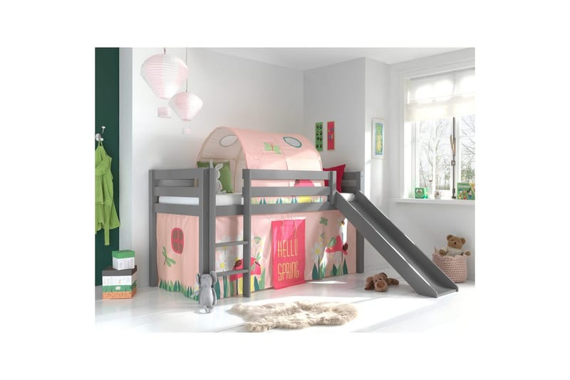 Middelseng med gardin Pino Spring Grå, Grå, Med sklie, Fjær, Vår, Uten lommer - Grå, Grå, Med sklie, Fjær, Vår, Uten lommer - Møbler - Barnemøbler - Barneseng & Juniorseng - Loftseng barn