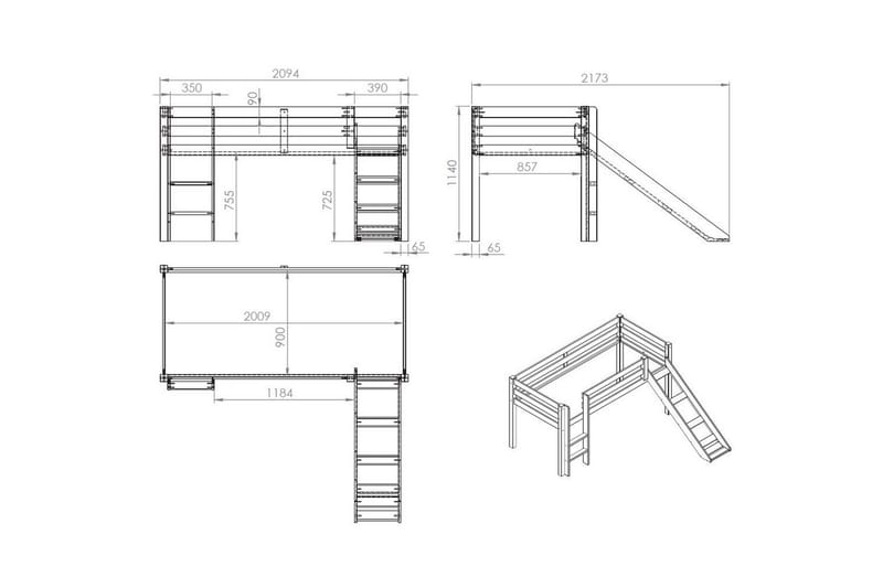 Middelseng med gardin Pino Spring Naturlig, Naturlig, Med sklie, Uten tunnel, Uten lommer - Naturlig, Naturlig, Med sklie, Uten tunnel, Uten lommer - Møbler - Barnemøbler - Barneseng & Juniorseng - Loftseng barn