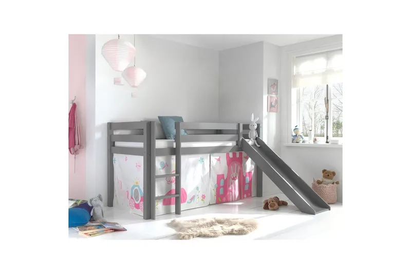 Middelseng med gardin Pino Princess Grå, Grå, Med sklie, Uten tunnel, Ingen lommer - Grå, Grå, Med sklie, Uten tunnel, Ingen lommer - Møbler - Barnemøbler - Barneseng & Juniorseng - Loftseng barn